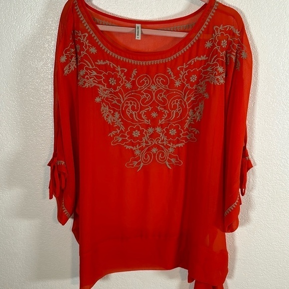 Donna Claire Orange Sheer Embroidered Blouse Side Tie Size 22 - Picture 1 of 8